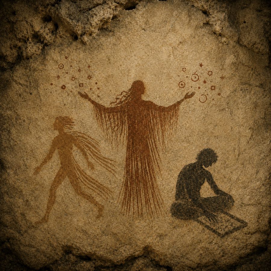 A cave painting of three figures: a robed woman with raised arms under stars, a striding walker, and a seated figure bent over a tablet.