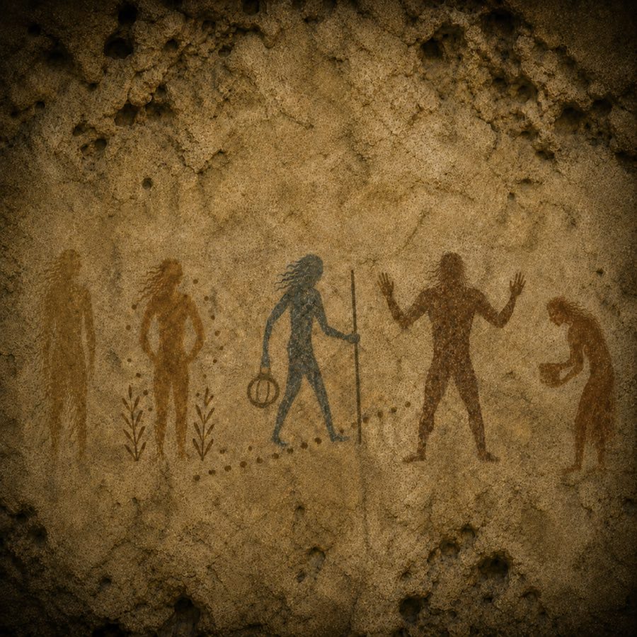 A cave painting of five figures in a row: a shadowed one, one among growing plants, a walker with a staff, one standing guard with raised hands, and one closing a vessel.