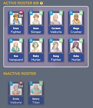 TEAM page: the active roster of 8 with starters set